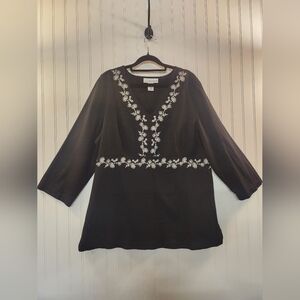 Sag Harbor Women Black White Floral Linen Blend Peasant Tunic Top Size 2XL Boho